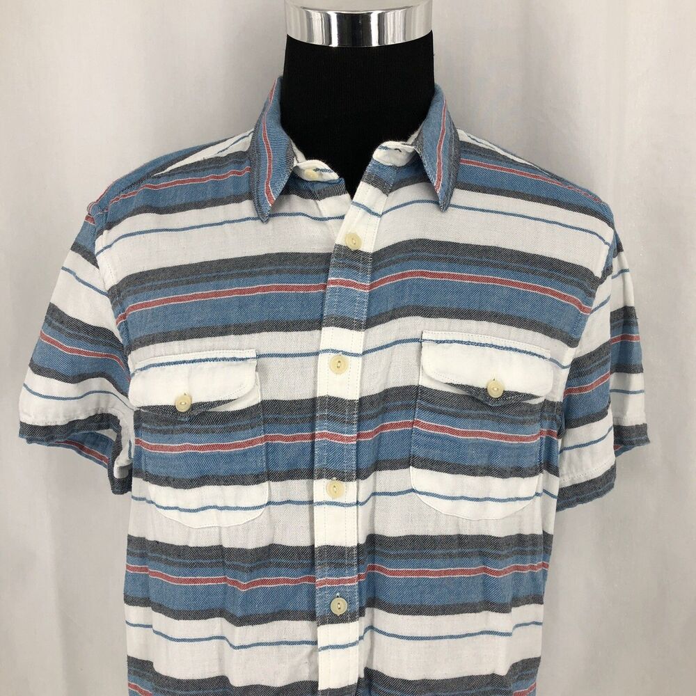 Lucky Brand Blue Red White Striped Short Sleeve Button Up Flap Pocket Shirt XL